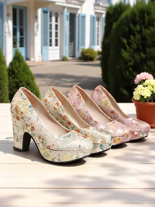 – - Women's Heel Platform Block Printed Floral Pumps