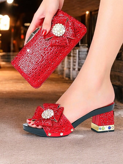 High Clutch Rhinestone Heel Sandals Matching with Bow Sparkling