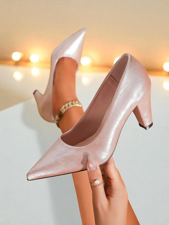 Women's Block Glossy Party Heel Nude Pointed Pumps Toe -