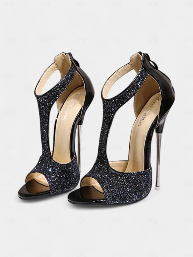 Gold and T-Strap Open Stiletto with Design for Toe Glitter Heels