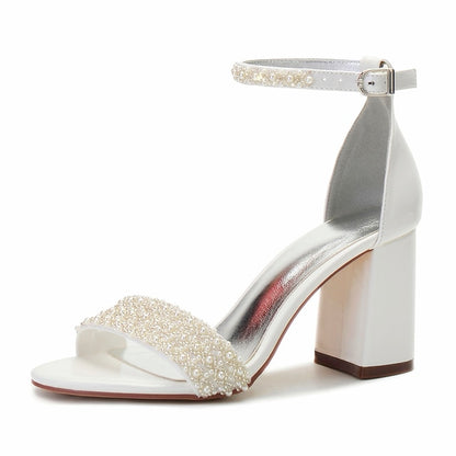Block Pearl Strap Ivory Embellished Ankle White Women's