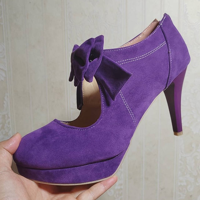Red Women's Bow Suede – Vintage Platform Heel High Pumps