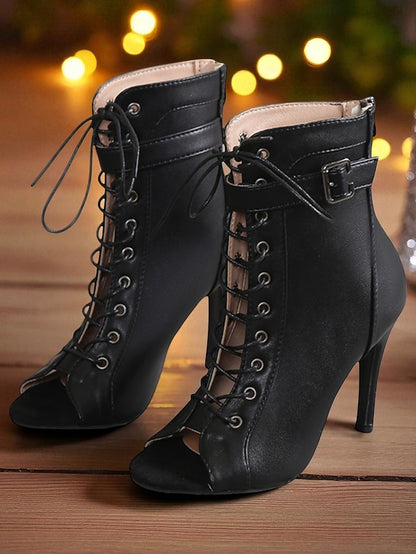 High Black Heel Stiletto Booties Toe Lace-Up Women's Peep -