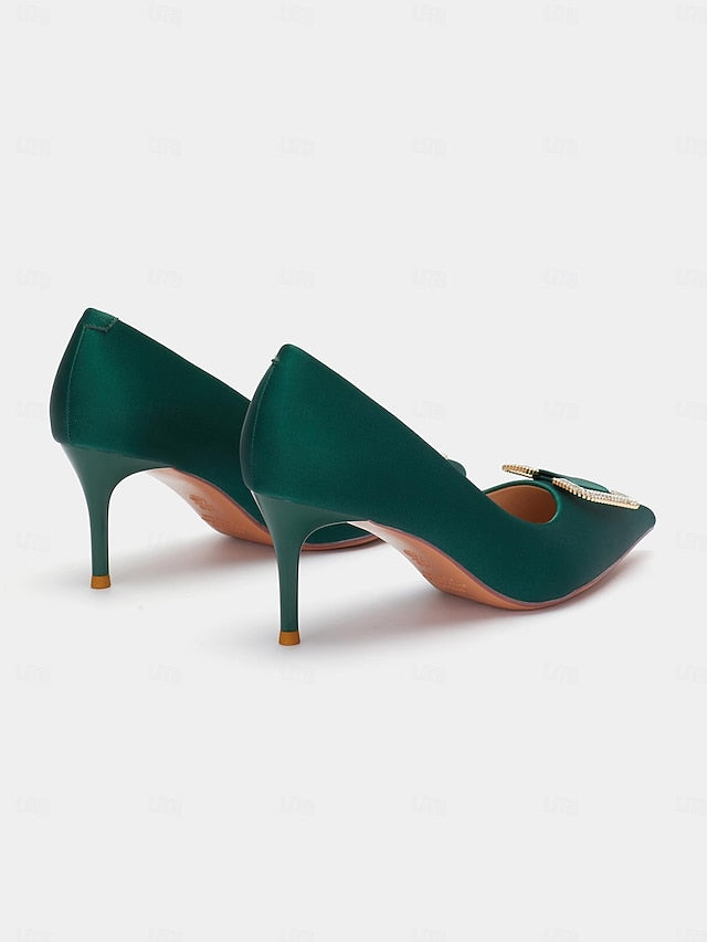 Pumps with Elegant Green Satin Rhinestone for Women: Buckle