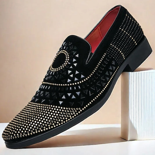Wholesale SampleMen's Prom Shoes - Black Studded Velvet Loafers with Spiral