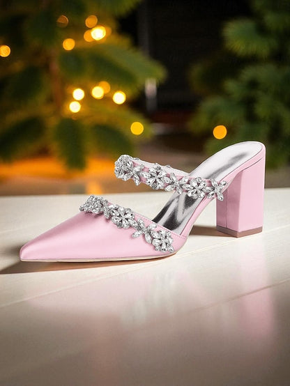 Women's Floral Satin Black Rhinestone Heel Mules Block with