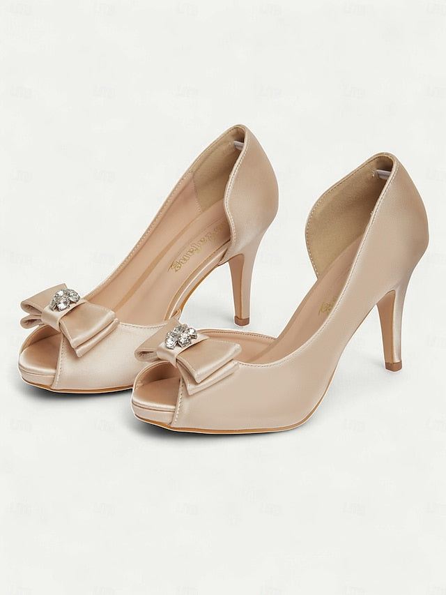 with Champagne Bow Women's and Peep Satin Heels Toe