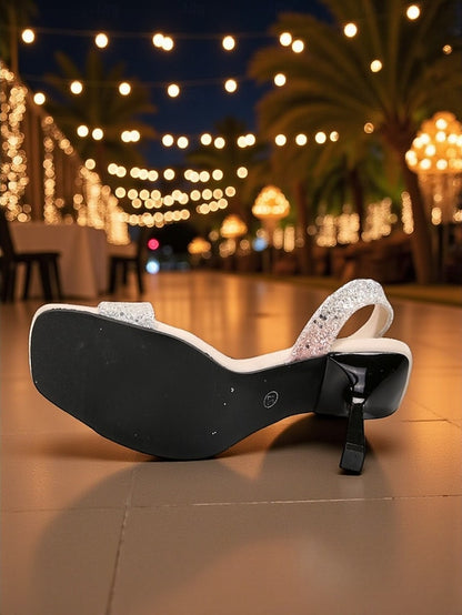 Toe Glitter Sandals Slingback Square Women's - Stiletto