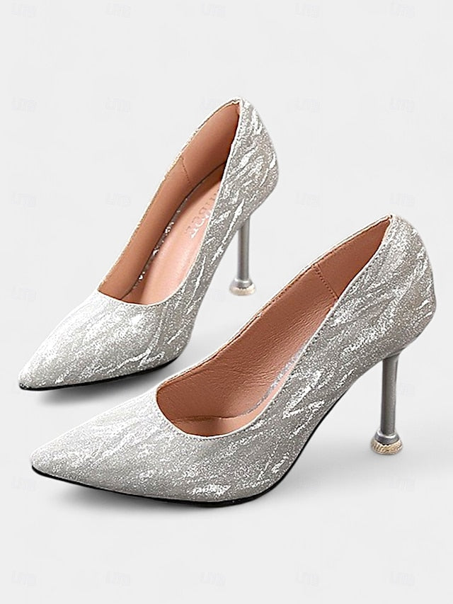 Heels Toe with Champagne Stiletto Glitter Pointed Women's