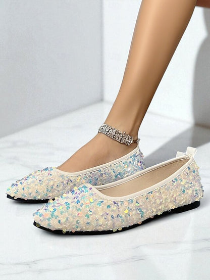 Pointed Sparkly Women's Toe Ballet Flats - Sequin Black