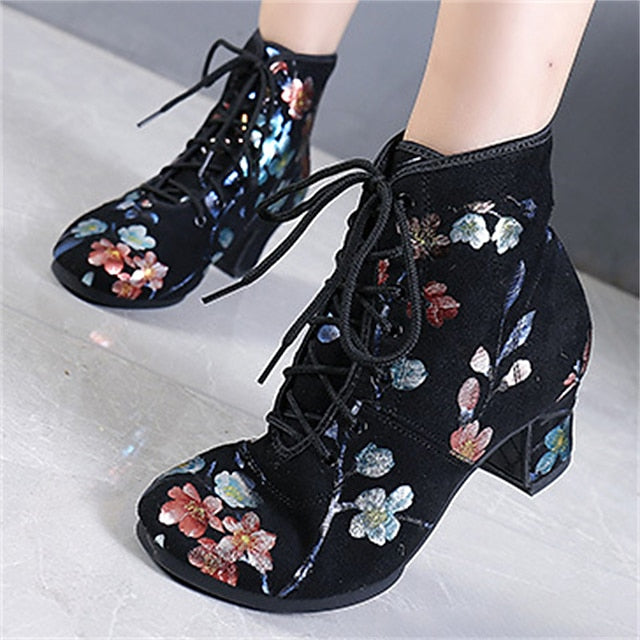 Comfortable Shoes Black – Lace-up Women Low Floral Dance for