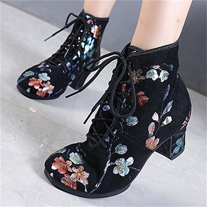 Comfortable Shoes Black – Lace-up Women Low Floral Dance for