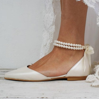 Pearl Ankle – Bridal Strap Flats Women's White Elegant