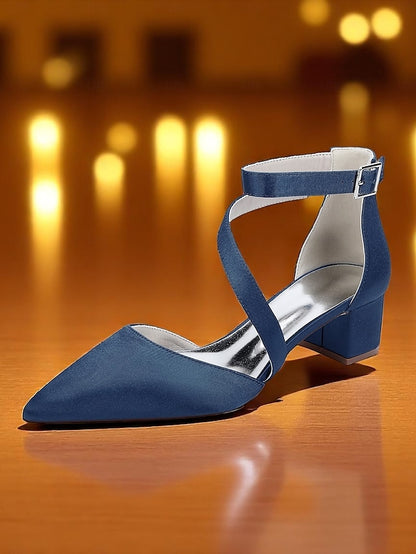 - Champagne Satin Pointed Toe Block Women's Heels