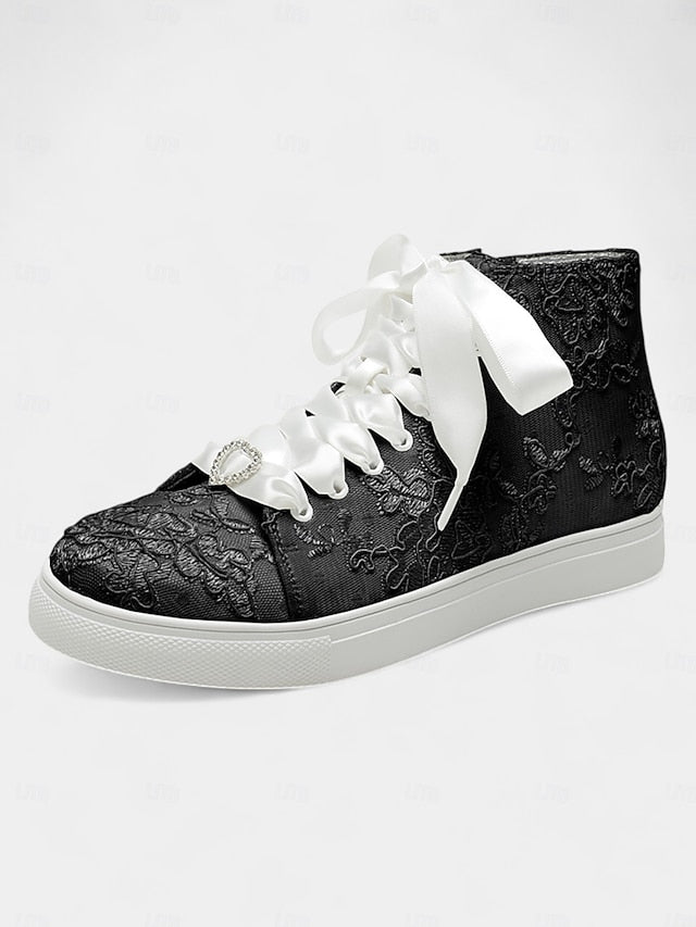Lace Sneakers Wedding Women's Satin Laces with Ribbon Ivory