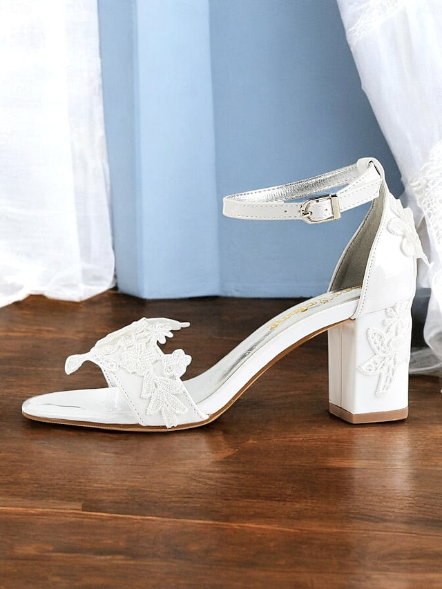 Women Heels Ankle for Open-Toe Strap with - Lace White Bridal