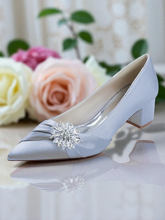 Women's Crystal Heel Pumps Block Low with White