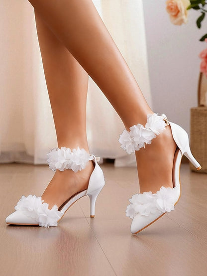 - Strap Elegant Women's White Pointed Ankle Floral Heels