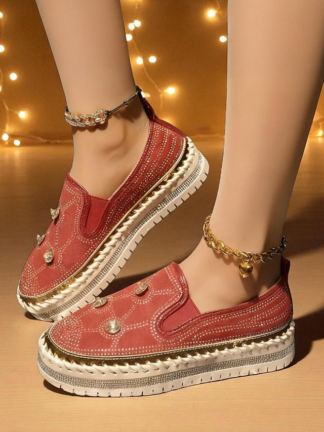 Rhinestone Studs Sneakers Women's Platform Slip-On Red with