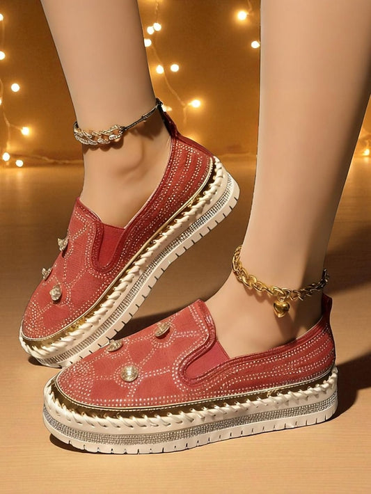 Rhinestone Studs Sneakers Women's Platform Slip-On Red with