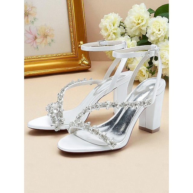 Block Rhinestone Heel - Straps with Sandals White Women's