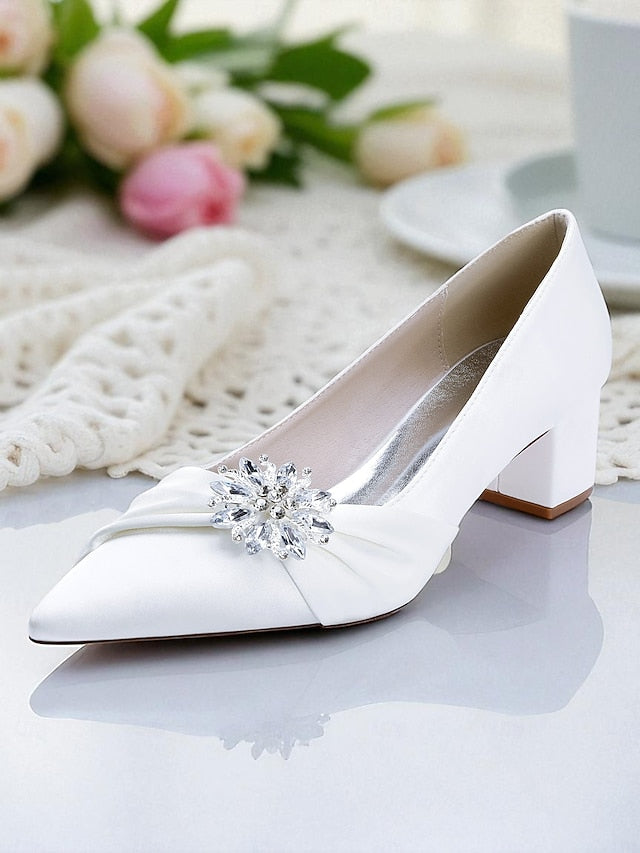 Women's Crystal Heel Pumps Block Low with White