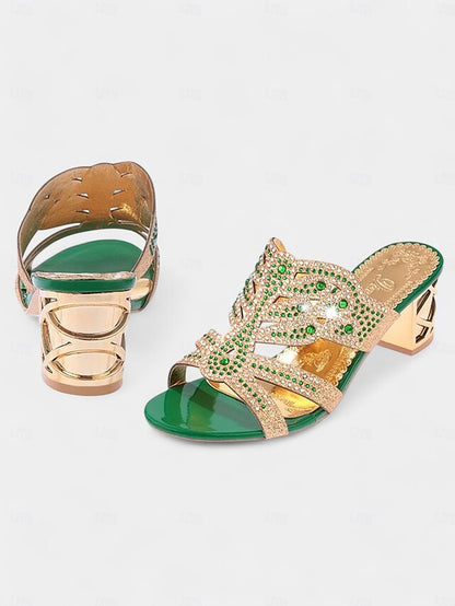 Gold Sandals Green Rhinestone Heeled Embellished - and