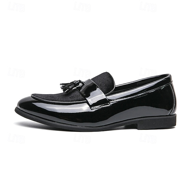 Velvet Men's Leather Patent Faux – Loafers Tassel Black