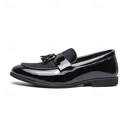 Velvet Men's Leather Patent Faux – Loafers Tassel Black