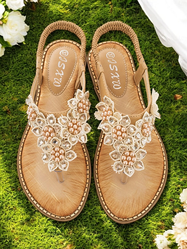 Comfortable Beaded with Flat Floral Design Slip-Ons