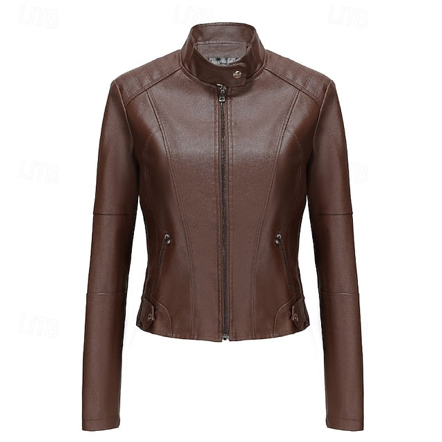 Zipper Jacket Pocket Faux Leather Women's Comfortable