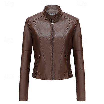 Zipper Jacket Pocket Faux Leather Women's Comfortable