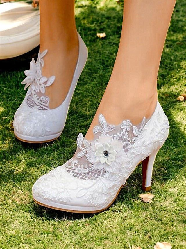 Lace Floral White Bridal High – Shoes with Heel Embellishments