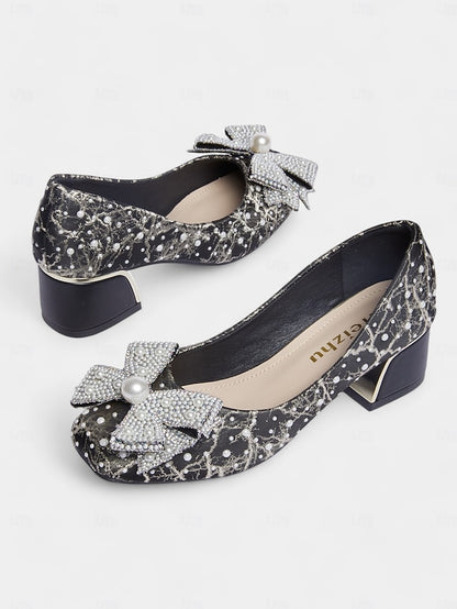 with Gold and – Pearl-Embellished Pumps Black Detail Bow