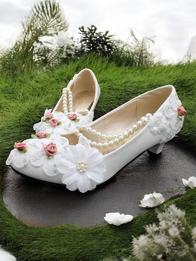Pearl Bridal Shoes Heel Embellished White for Floral Low Strap