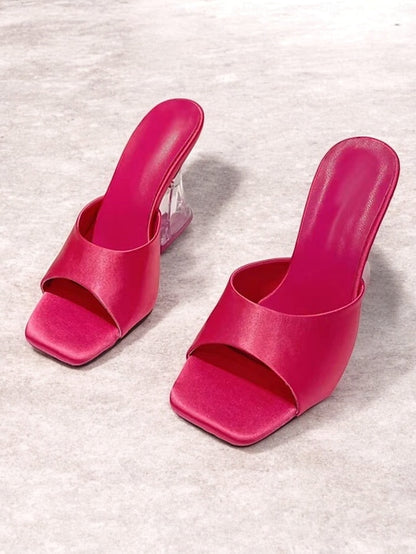 Transparent Block Mules Heels Open-Toe for Green with Satin