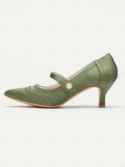 Green Button Satin Jane - with Heels Pearl Elegant Mary