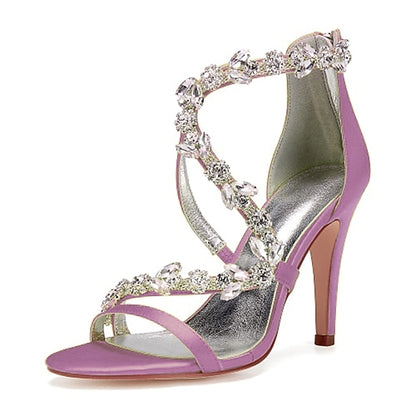 High Satin Sandals Floral Pink Heel Rhinestone with Women's