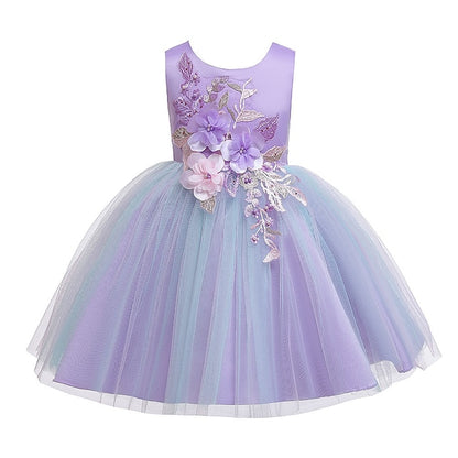 Purple Floral Blue Party Lace Girls' Dress Blushing Kids