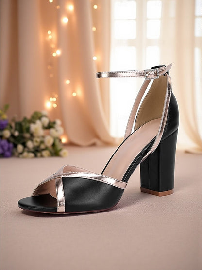 Metallic Block White Strap Ankle Sandals Heel with Women's