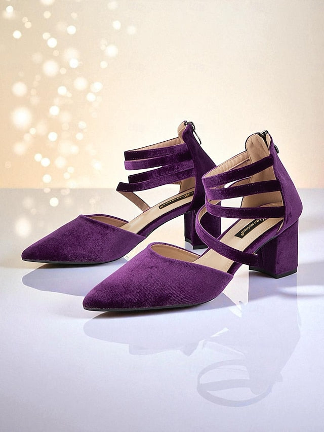Pointed Heel Velvet Blue Women's Pumps with Block Toe