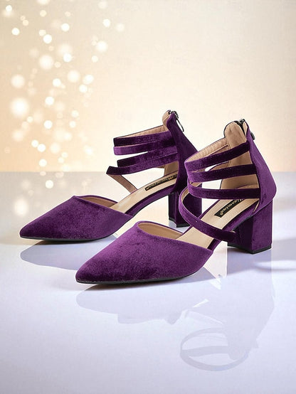 with Toe Pointed Pumps Women's Block Blue Heel Velvet