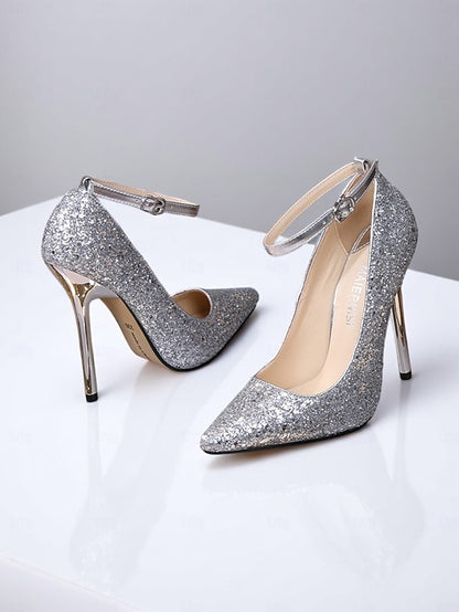 Heels Women's Stiletto – Pointed Sparkly Glitter Gold Toe