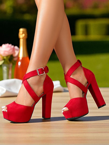 Toe - Sandals Platform Women's Cross Strap Suede Red Peep