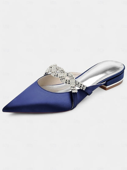 - Satin Blue Heels Mule Detailing with Rhinestone Pointed-Toe