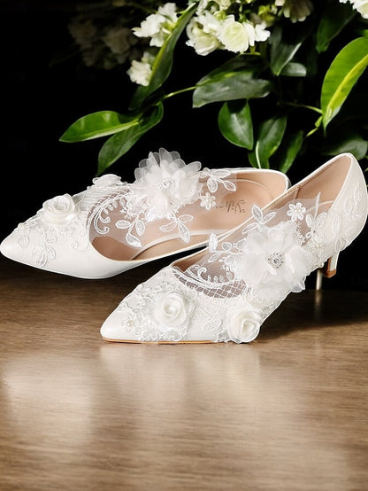 White Wedding Shoes Floral with Embellishments Lace