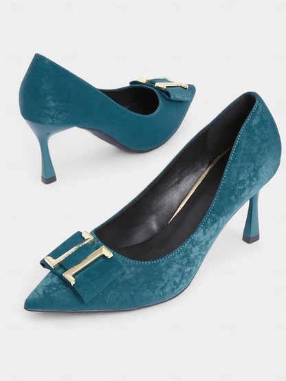 Kitten Velvet Toe Teal Pointed Pumps Heel - Women's Elegant