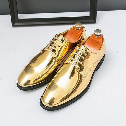 for – Patent Gold Shiny Shoes Leather Men Sleek Lace-Up