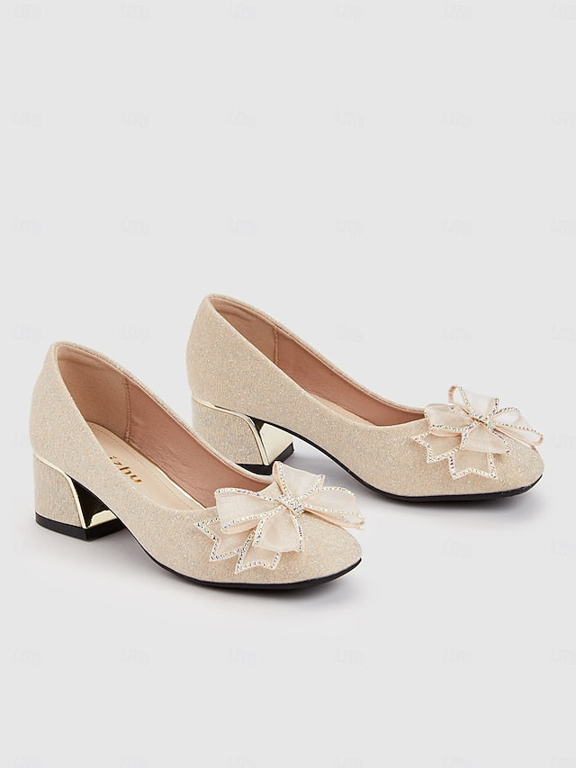Heel Bow - Decoration Pumps with Women's Gold Glitter Block