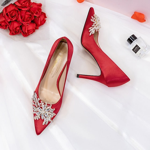 High Women's – Heels Rhinestone Satin Elegant Pink